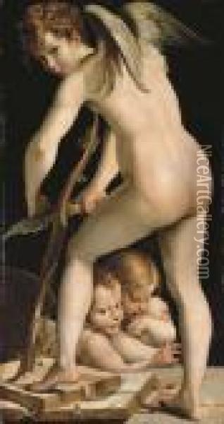 Amor - Cupid Fashioning His Bow Oil Painting - Girolamo Francesco Maria Mazzola (Parmigianino)