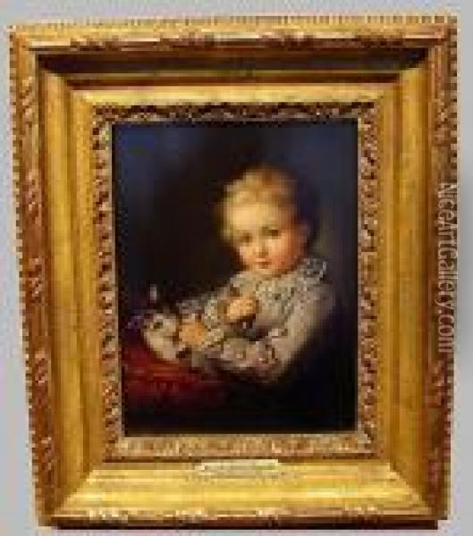 Portrait Of A Boy Playing With A Cat Oil Painting - Francois-Hubert Drouais