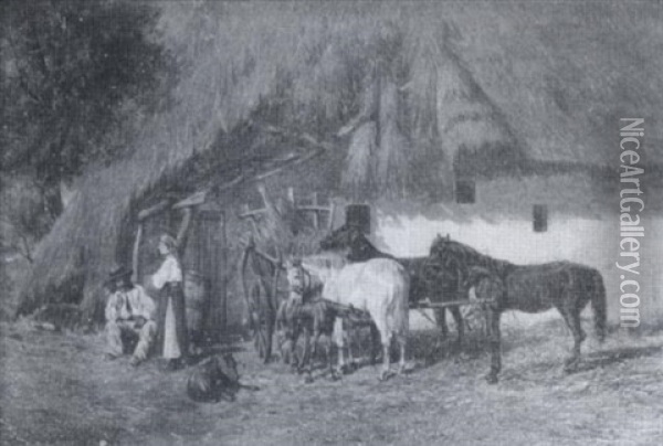 Thatched Roof House With Figures, Cart And Horses Oil Painting - Franz Quaglio