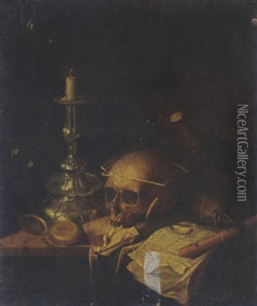 A Vanitas Still Life With A Skull, A Watch, A Candlestick, A Letter, A Music Score, A Flute And A Bottle, Together With Bubbles, All On A Wooden Ledge Oil Painting - Sebastien Bonnecroy