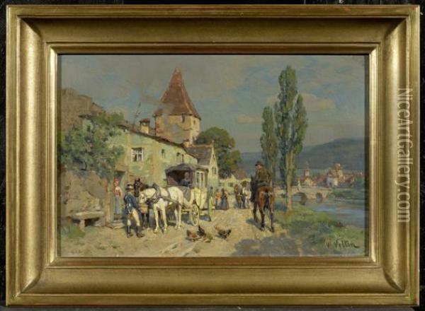 Landscape With A River, Carriage And Riders Oil Painting - Wilhelm Velten