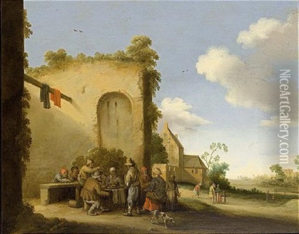 A Village Street With Peasants Drinking And Eating At A Table Together With A Dog, Other Figures Beyond Oil Painting - Joost Cornelisz. Droochsloot