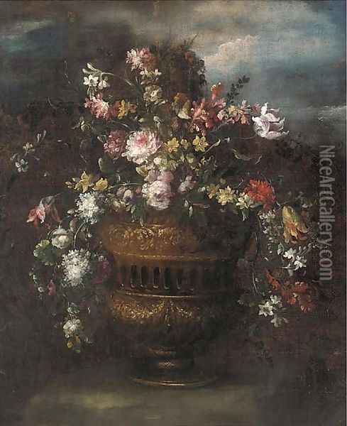 Roses, tulips, narcissi and other flowers in a sculpted vase in a clearing Oil Painting - The Pseudo-Guardi