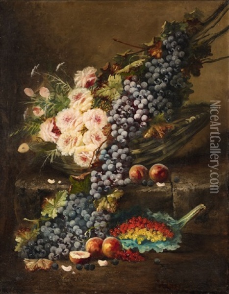 Still Life With Roses And Grapes In A Basket, Peaches, And Currants Oil Painting - Modeste (Max) Carlier