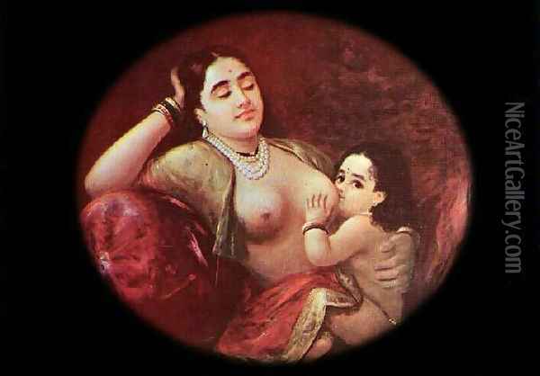The Sucking Child Oil Painting - Raja Ravi Varma