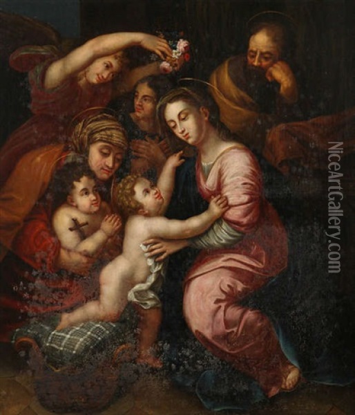 La Sainte Famille Entouree De Sainte Anne, Saint-jean Baptiste Enfant Et Deux Anges Oil Painting - Giulio Romano