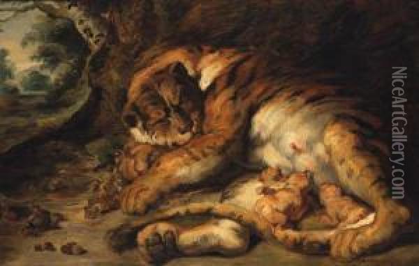 Tiger With Cubs Oil Painting - Josef Bche