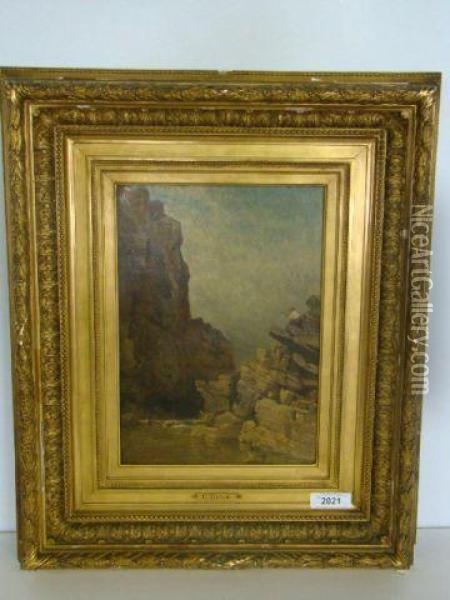 A Man Walking Over
Cliffs Above A River. Oil Painting - Constant Troyon