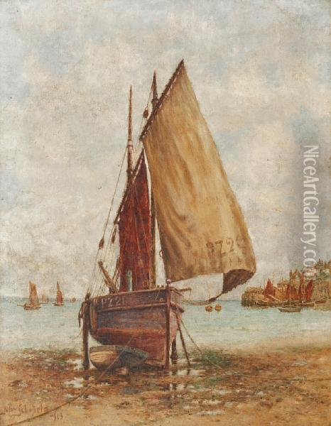 Coastal Scene, With Beached Fishingvessel Oil Painting - John William Schofield
