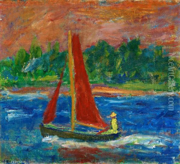Boat With Red Sails Oil Painting - Ivan Ivarson