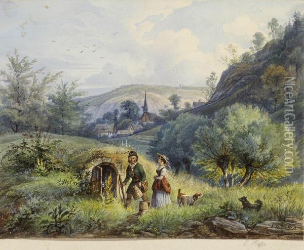 Bauernpaar Am Weinkeller. Oil Painting - Ernst Hasse