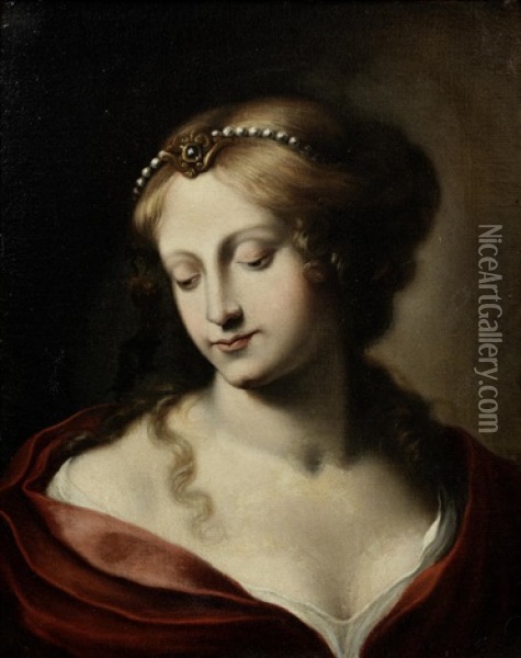 Portrait Of A Lady, Bust-length, In A Red Cloak, Within A Painted Oval Oil Painting - Onorio Marinari