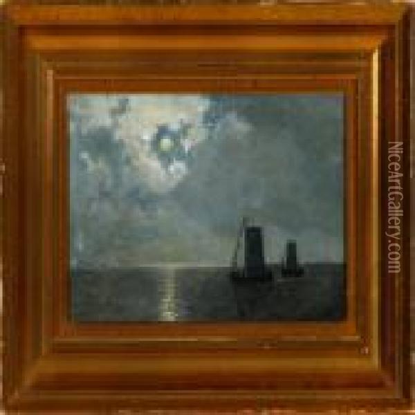 A Danish Marine Withmoonlight On Sailing Ships Oil Painting - Georg Emil Libert