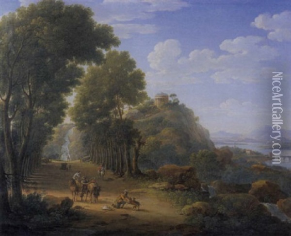 An Italianate Landscape With Figures On A Tree-lined Road Oil Painting - Hendrick Frans van Lint