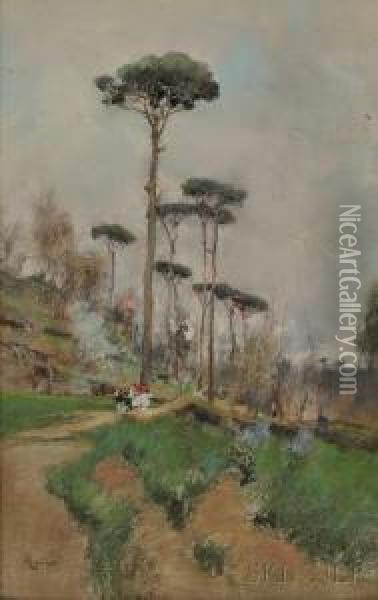 Landscapes Pines, Figures On A Country Road Oil Painting - Giuseppe Casciaro