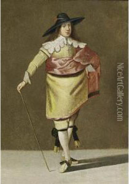 A Portrait Of A Gentleman, 
Standing Full Length, Wearing A Yellow Suit With Lace Collar And Cuffs 
And A Red Cloak, Holding A Stick In His Right Hand Oil Painting - Pieter Jansz. Quast