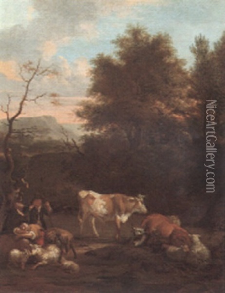 A Wooded Landscape With A Shepherd And Shepherdess Oil Painting - Michiel (Carree) Carre