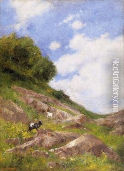 Goats In Rocky Landscape Oil Painting - Miksa Bruck