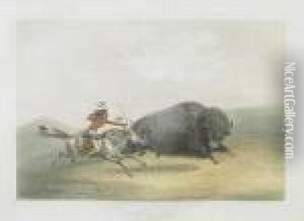 Buffalo Hunt Chase, Pl. 5 Oil Painting - George Catlin