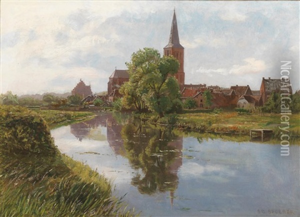 River Landscape With Church Oil Painting - Eduard Spoerer