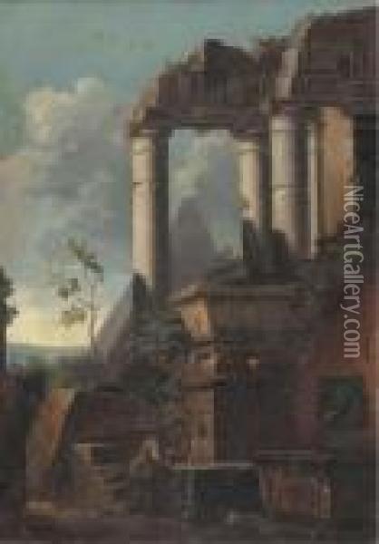 Classical Ruins And A Pyramid With Figures Conversing Oil Painting - Giovanni Ghisolfi