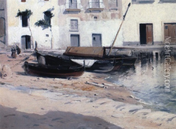 Boats In A Harbour Oil Painting - Eliseo Meifren y Roig