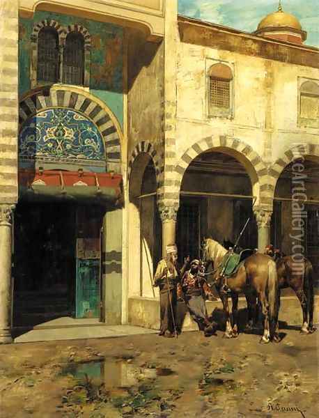 A Rest Outside of the Mosque Oil Painting - Alberto Pasini