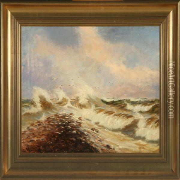 Coastal Scenery With Breakin Waves And Flying Seagulls Oil Painting - Johann Jens Neumann
