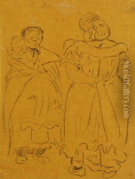 Zwei Frauen Im Gesprach Oil Painting - Heinrich Zille