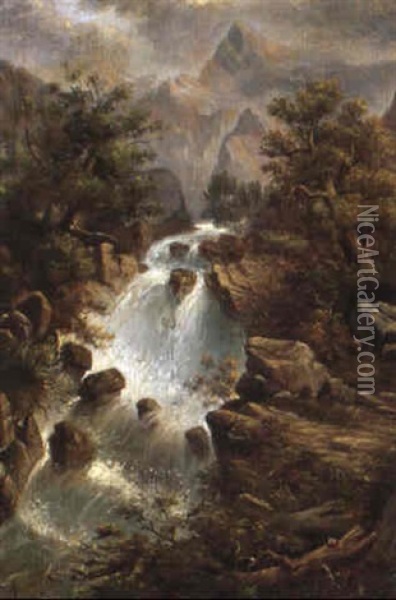 Wasserfall In Den Alpen Oil Painting - Franz Von Defregger
