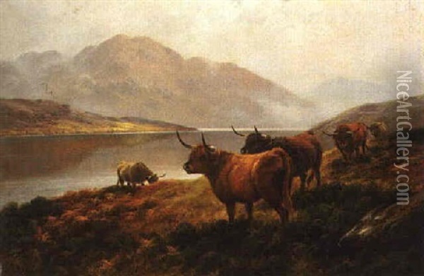 Highland Cattle By A Loch Oil Painting - Harald R. Hall