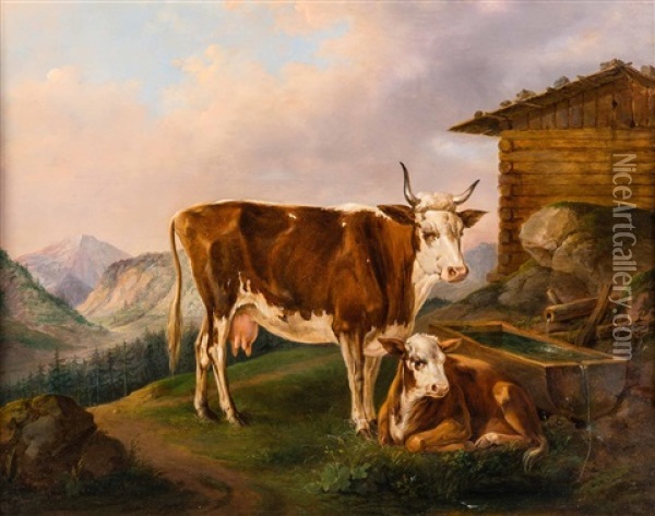 Kuhe Bei Der Tranke Oil Painting - Edmund Mahlknecht