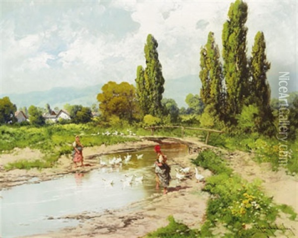 Goose Girls Of The Tyrol Oil Painting - Antal (Laszlo) Neogrady