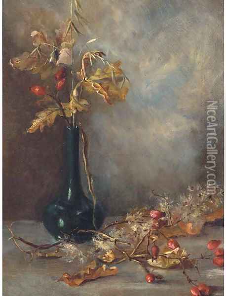 Rosehips in a vase Oil Painting - English School