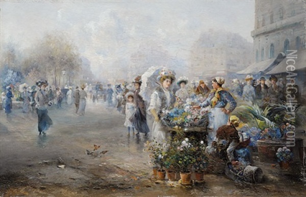 Blumenmarkt In Paris Oil Painting - Emil Barbarini