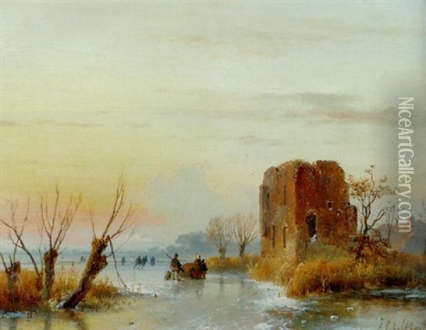 A Sunny Winter`s Day With Skaters By A Fortified Ruin Oil Painting - Andreas Schelfhout