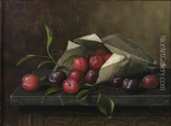 Plums On A Table Oil Painting - William Michael Harnett