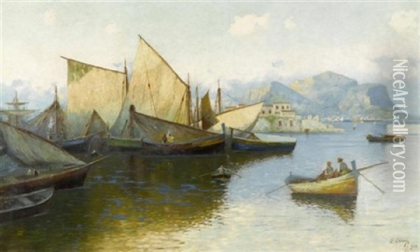 Kustenszene Mit Segelschiffen In Suditalien Oil Painting - Erminio Cremp
