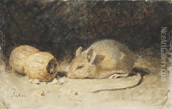 A Mouse With A Peanut Oil Painting - Albert Anker