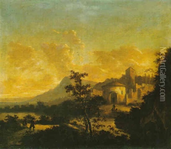 Italianate Landscape With Huntsmen, A Fortified House Beyond Oil Painting - Hans De Jode