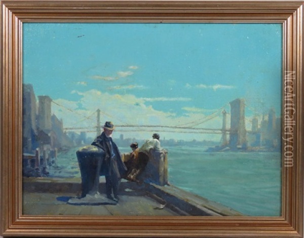 Figures On A Pier, Brooklyn Bridge In Distance Oil Painting - Lee Lash