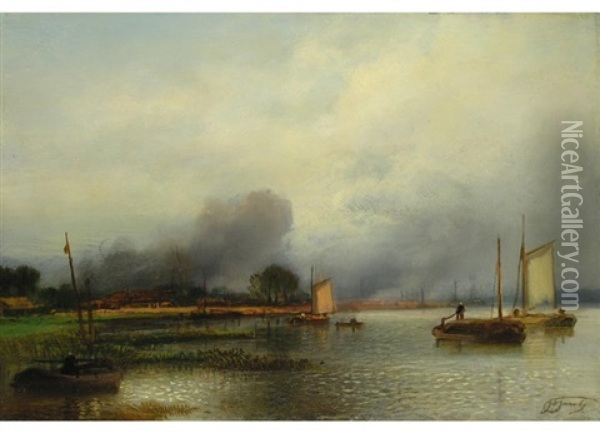 Segelboote Am Flussufer Oil Painting - Jacob Jacobs