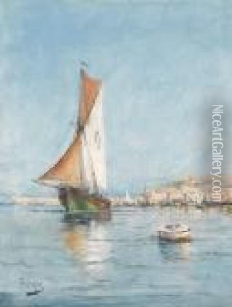 Sudfranzosische Hafenpartie Mit Segelboot. Oil Painting - Henri Malfroy