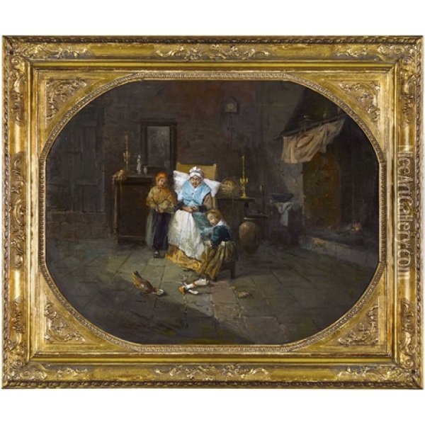 Grossmutter Mit Spielenden Enkelkindern Oil Painting - Angelo Trezzini