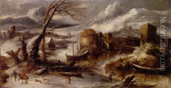 A Winter Landscape With Fisherman By A River Oil Painting - Willem Van Bemmel