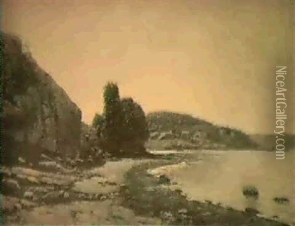 Kustmotiv Med Berg,                                         Skog Och Hus Oil Painting - Vilhelm Dahlbom