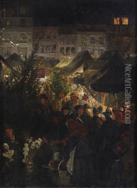 The Christmas Market In Berlin Rixdorf Oil Painting - Georg Schoebel