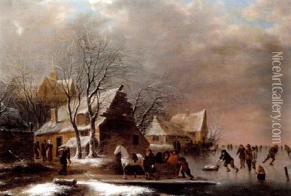 A Winter Landscape With Figures Skating On A Frozen River, A View To A Village Beyond Oil Painting - Nicolaes Molenaer