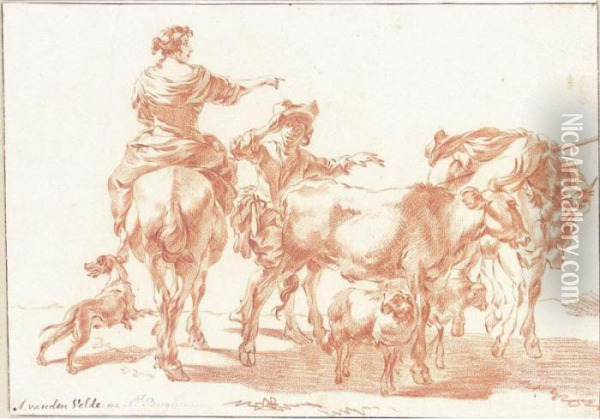 A Pastoral Scene, With Peasants Herding Farm Animals Oil Painting - Nicolaes Berchem