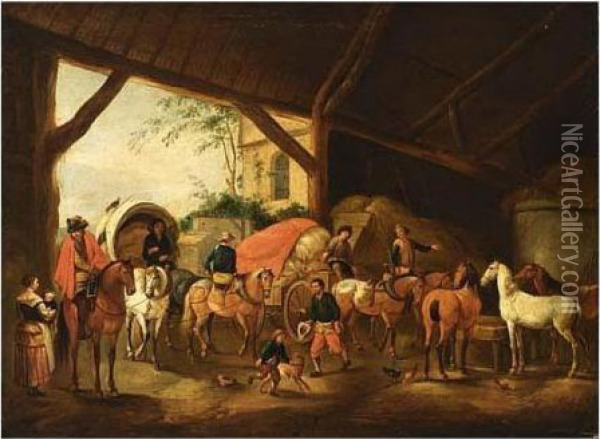 A Stable Interior With A Horse-drawn Carriage And A Horse-drawn Cart Oil Painting - Pieter Wouwermans or Wouwerman